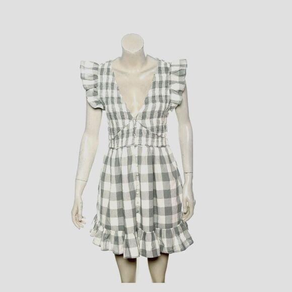 Anthropologie Peregrine Mini Dress Med Smocked Flounce Ruffle Grey Plaid cottage - Picture 7 of 15